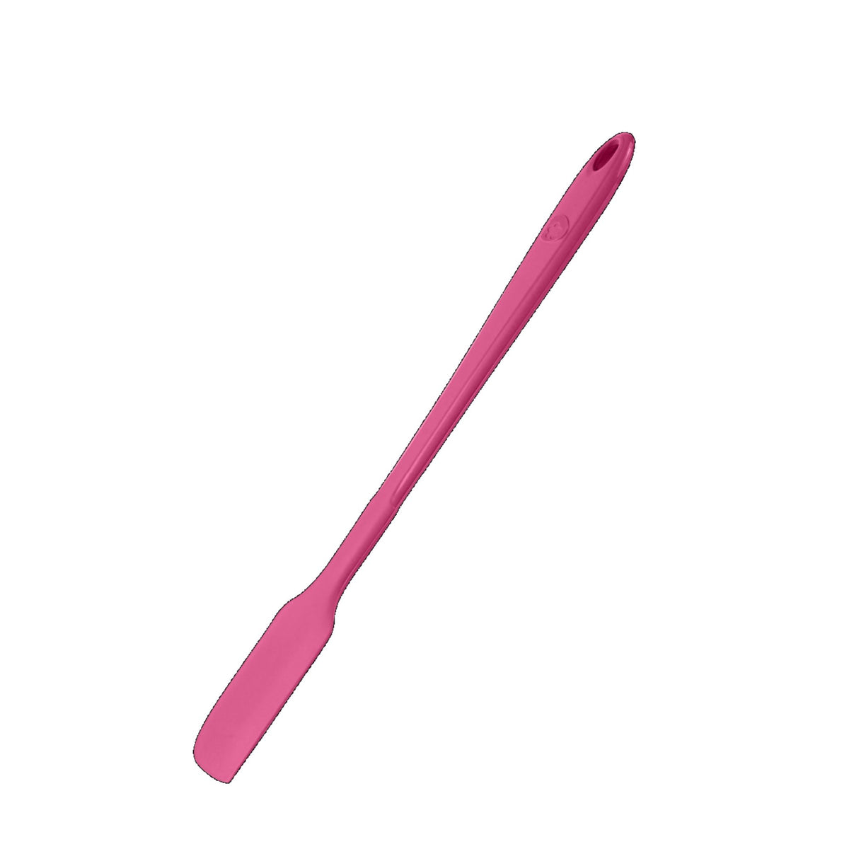 Rosa Teigschaber aus flexiblem Material mit langem Griff und Loch zum Aufhängen.