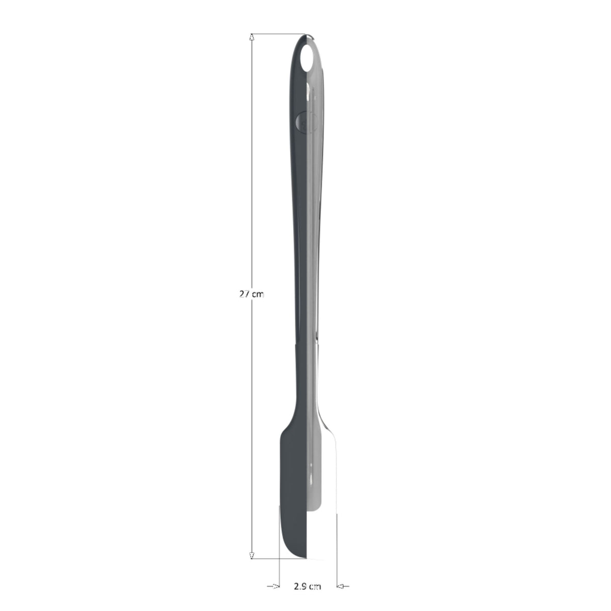 Anthrazitfarbener Teigschaber mit langem Griff und flexiblem Silikonblatt, 27 cm lang.