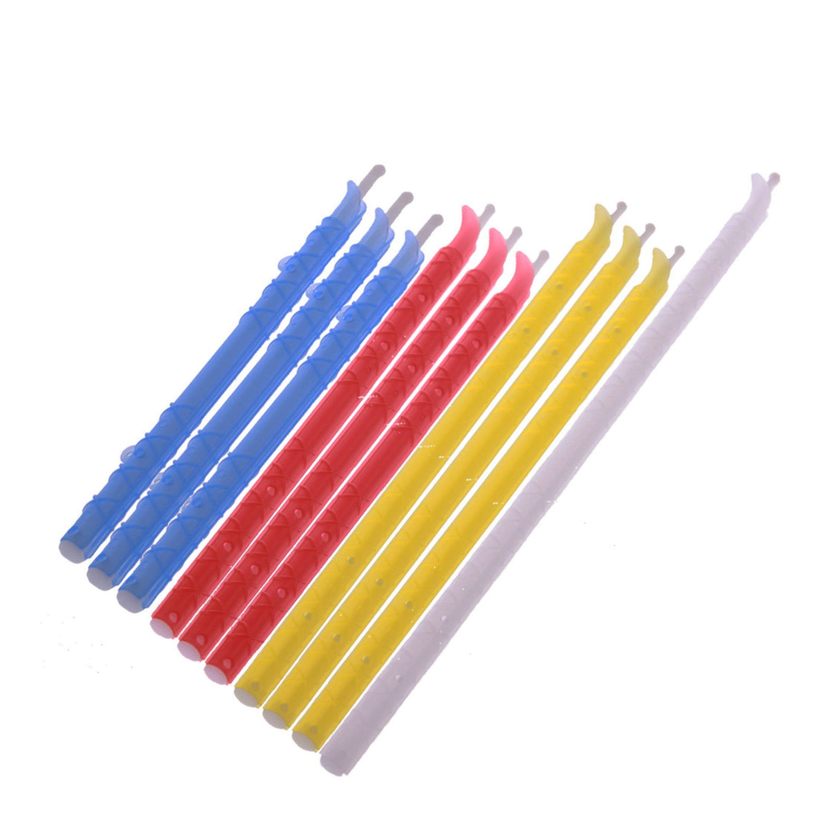 Bunte Plastikklammern zum Verschließen von Tüten in Blau, Rot, Gelb und Weiß, 12 cm lang.