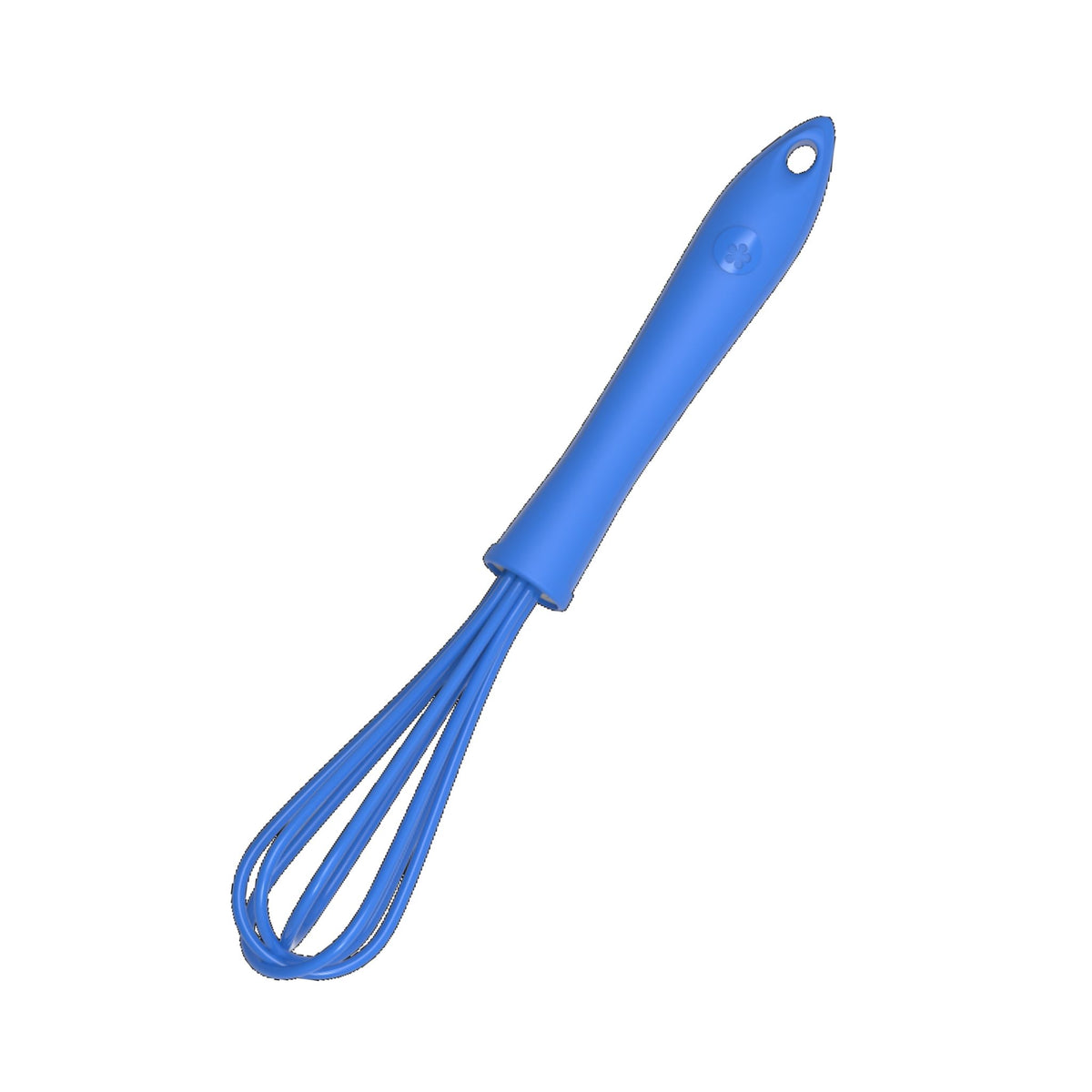 Blauer Schneebesen mit ergonomischem Griff und gelochtem Aufhängeloch.