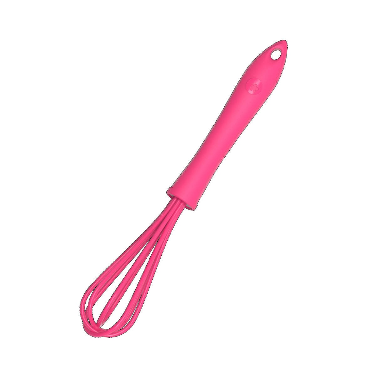 Schneebesen in kräftigem Pink mit Kunststoffgriff und Metallspirale.