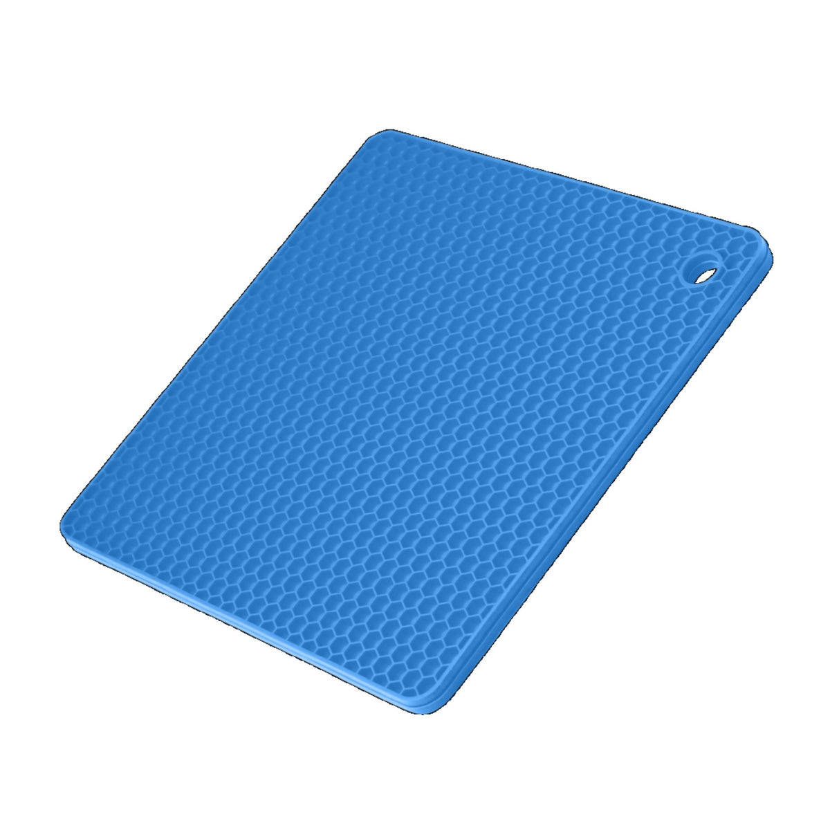 Blauer quadratischer Topfuntersetzer mit strukturierter Oberfläche und Aufhängeloch.