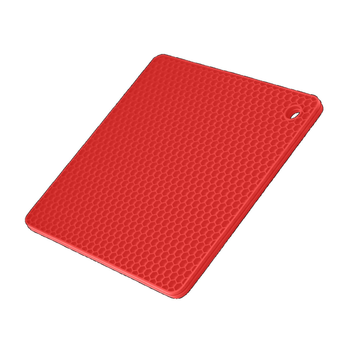 Roter quadratischer Topfuntersetzer mit Wabenmuster und Aufhängeloch in der Ecke.