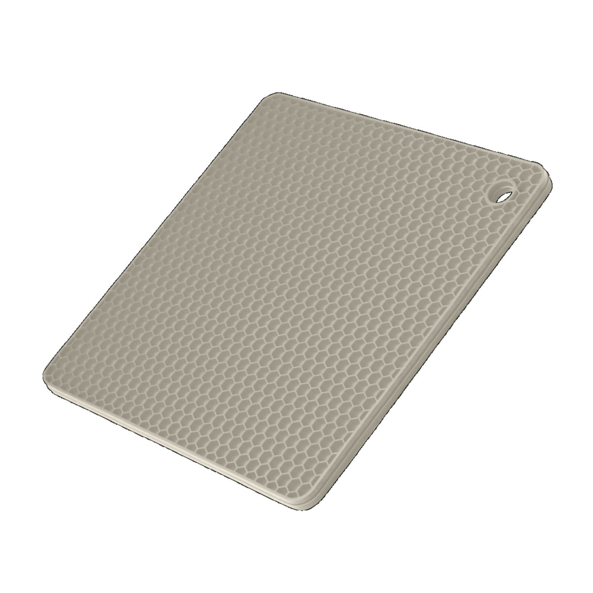 Rechteckiger Topfuntersetzer in Taupe mit strukturierter Oberfläche und Aufhängeloch.
