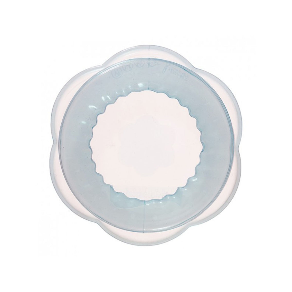 Transparenter Kunststoffdeckel mit bläulichem Silikonrand und Ø 8 cm, wellenförmige Kanten.