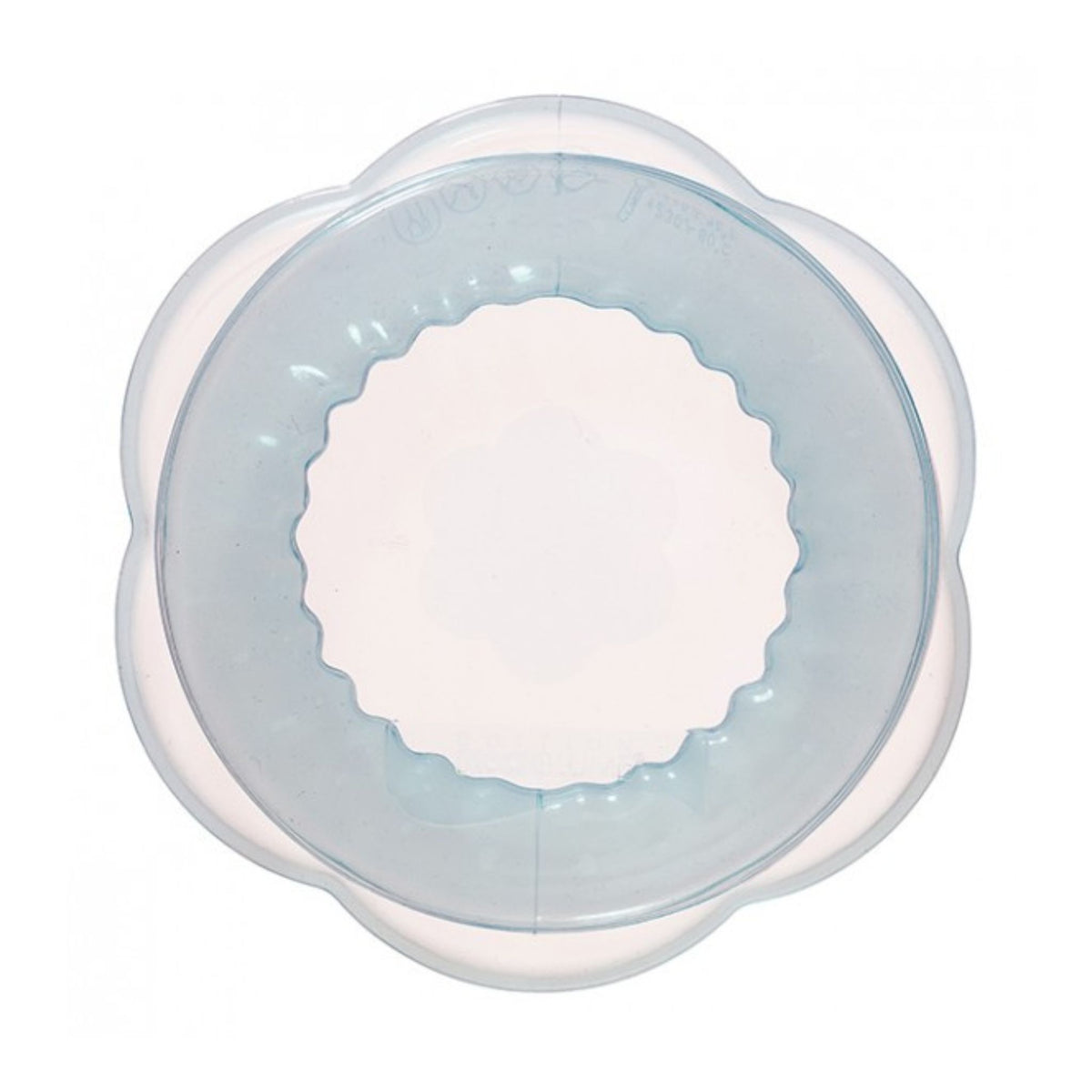 Transparenter runder Silikondeckel mit gezacktem Innenrand und weichem Rand in Eisblau.
