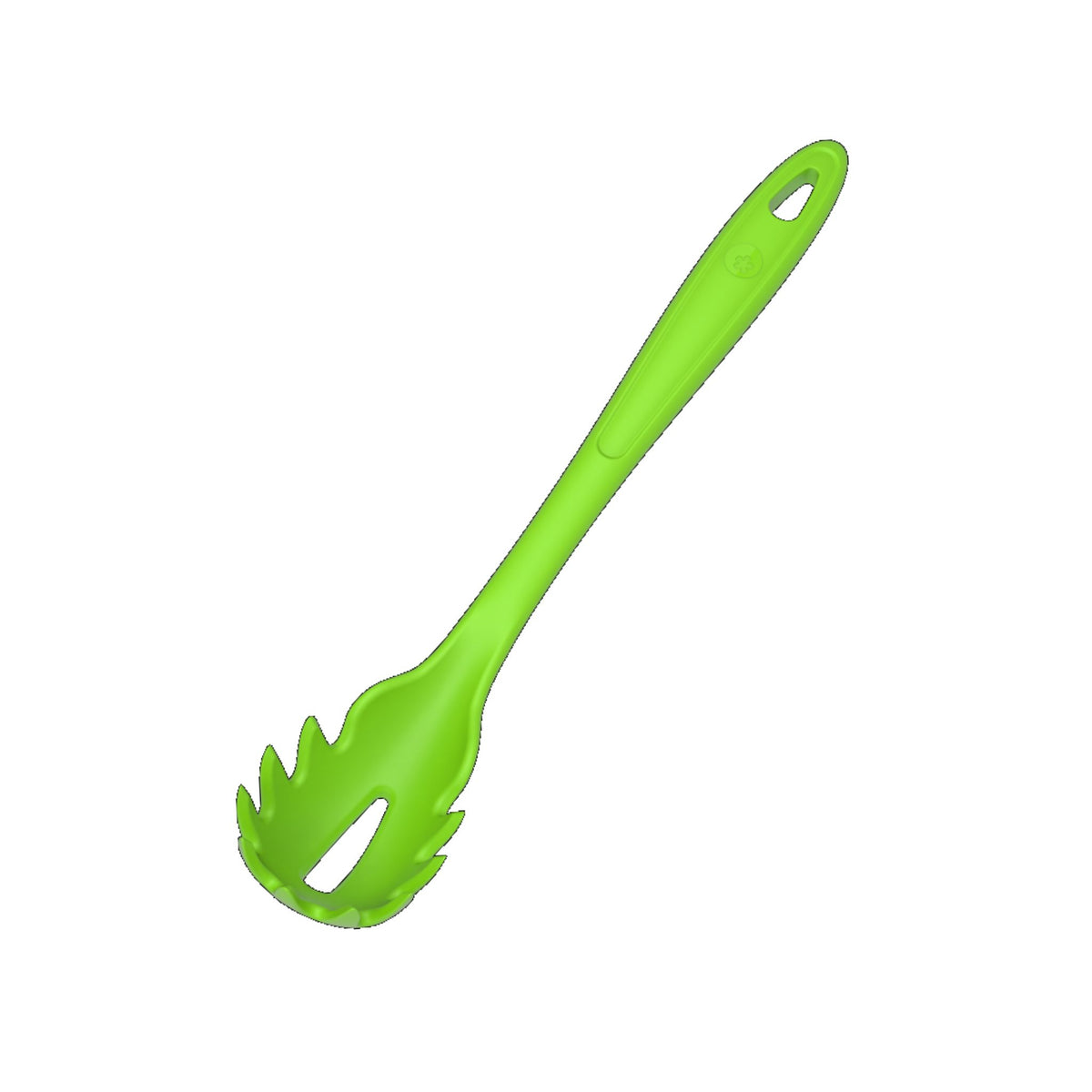 Pastalöffel in limettengrün mit langem Griff und Löchern zum Abtropfen.