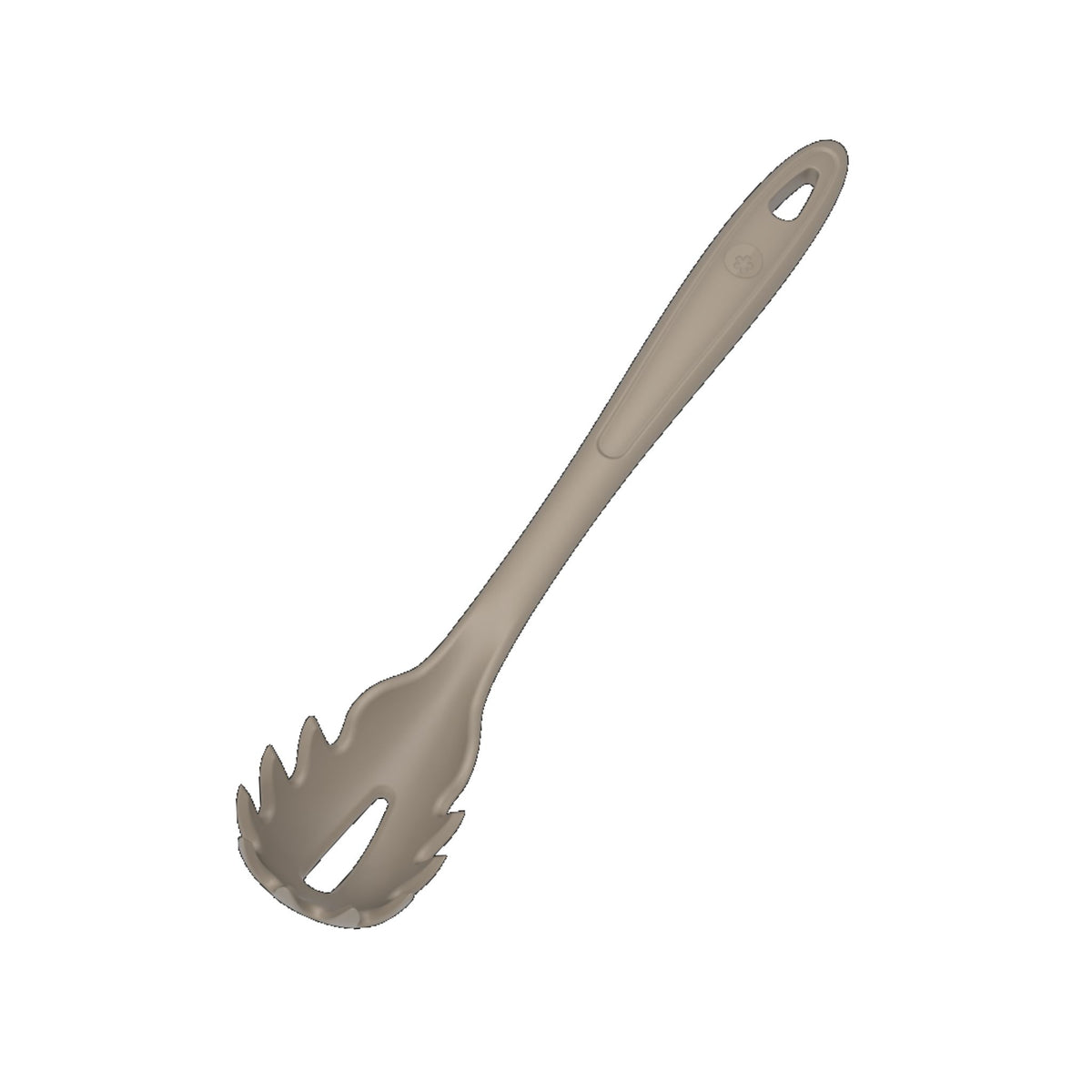 Pastalöffel aus Kunststoff in Taupe mit langem Griff und Loch zum Aufhängen.
