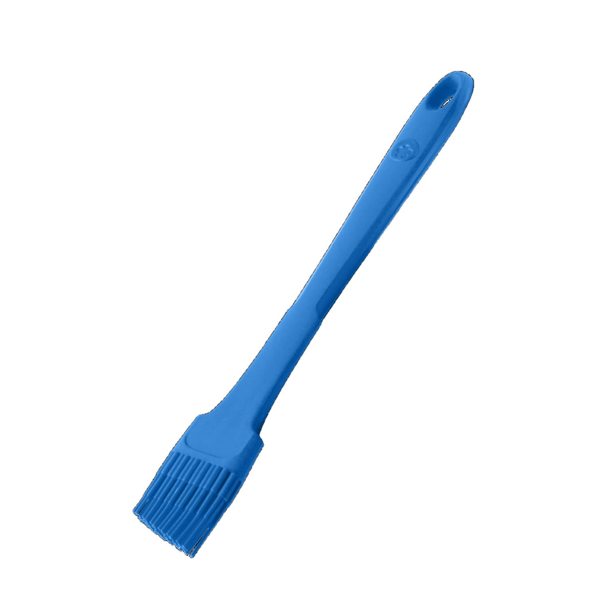 Blauer Silikon-Backpinsel mit langem Griff und flexiblen Borsten.