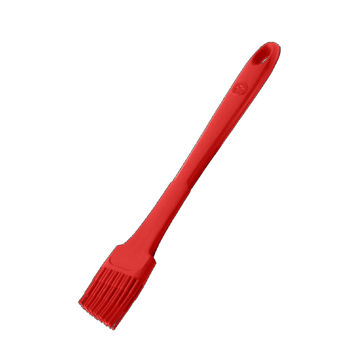 Roter Backpinsel aus Silikon mit langem Griff und flexiblen Borsten.
