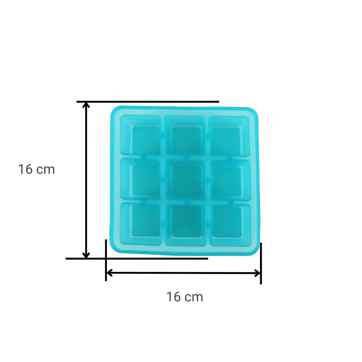 Türkisfarbene Eiswürfelform aus Silikon mit neun quadratischen Fächern, 16x16 cm.