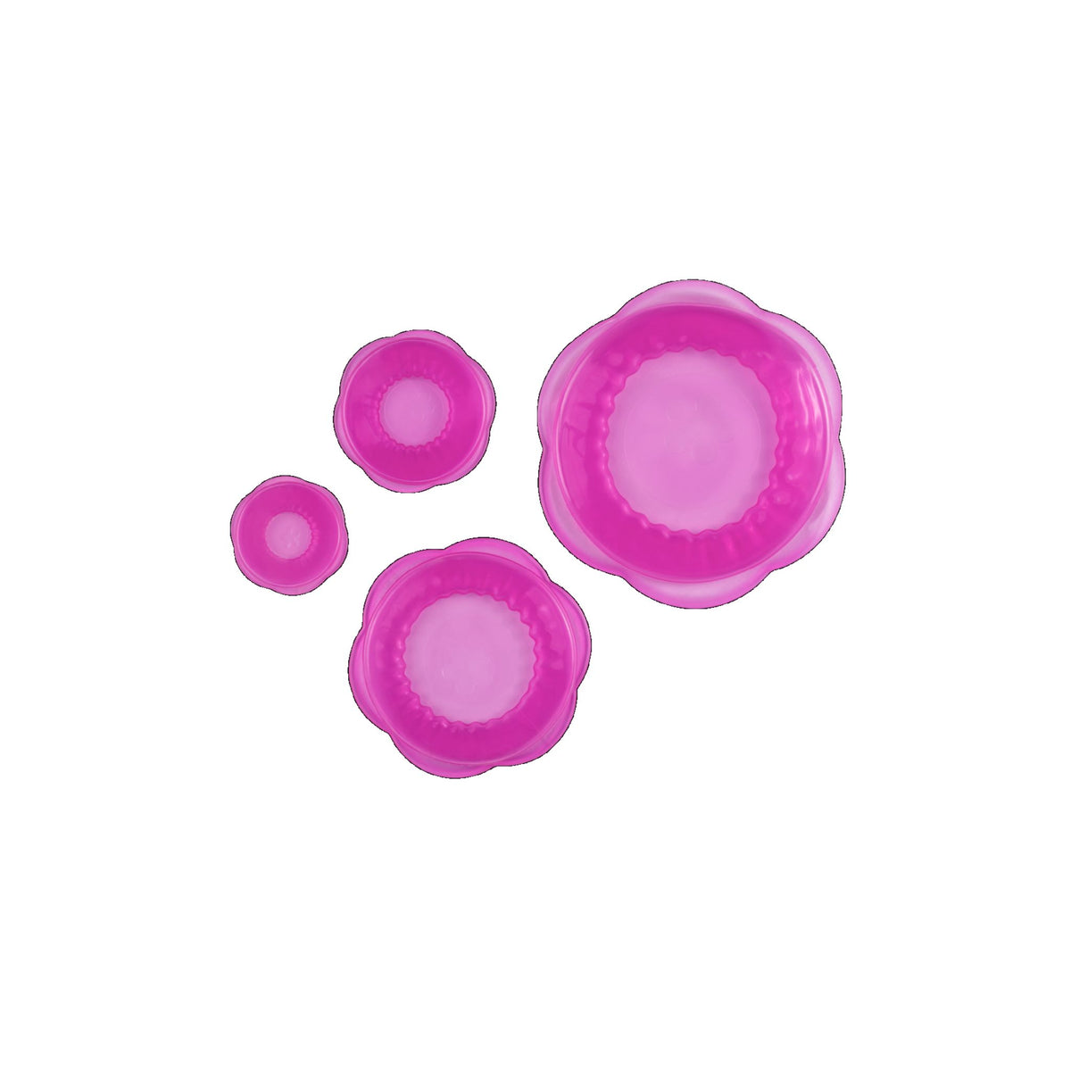 Set aus vier pinkfarbenen flexiblen Silikondeckeln in verschiedenen Größen.