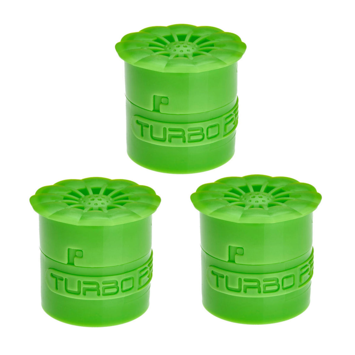 Drei grüne Fruchtfliegenfallen mit blumenförmigem Deckel und Schriftzug Turbo.