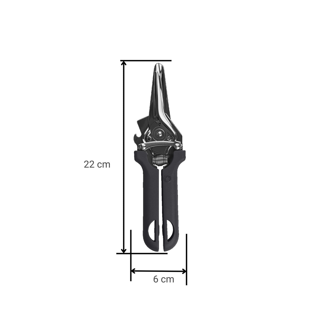 Anthrazitfarbene Küchenschere mit gezackter Klinge und ergonomischem Griff, 22 cm lang, 6 cm breit.