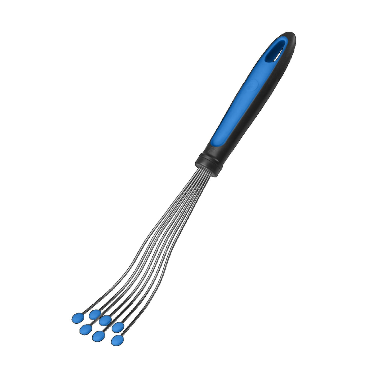 Tellerbesen mit blauem Griff und flexiblen Metallzungen mit blauen Enden.