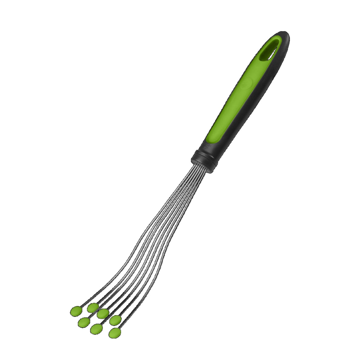 Tellerbesen mit grün-schwarzem Griff und flexiblen Drahtenden mit grünen Spitzen.