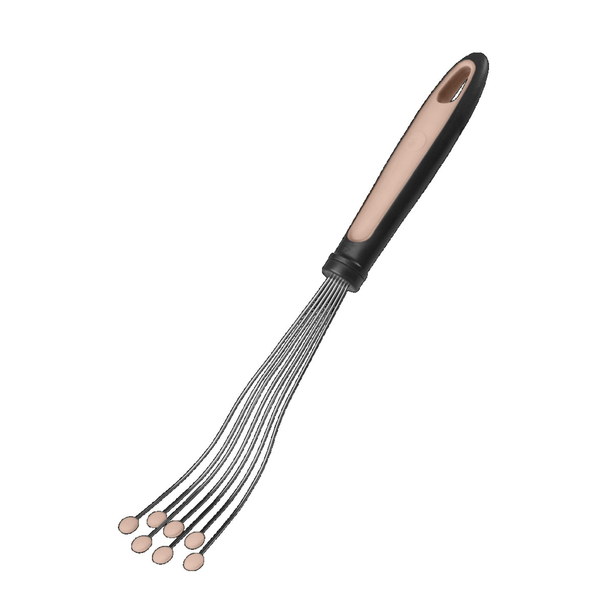 Tellerbesen mit schwarzem Griff und dünnen, flexiblen Drahtenden mit kleinen Holzkugeln.