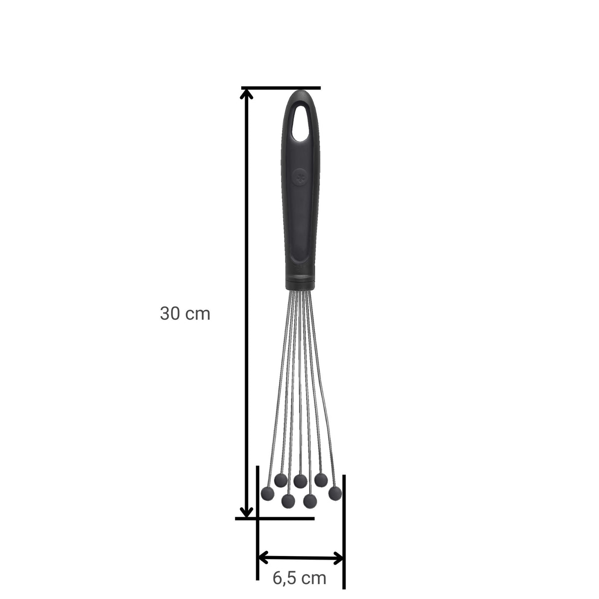 Anthrazitfarbener Tellerbesen mit schwarzem Griff und abgerundeten Drahtenden, 30 cm lang.
