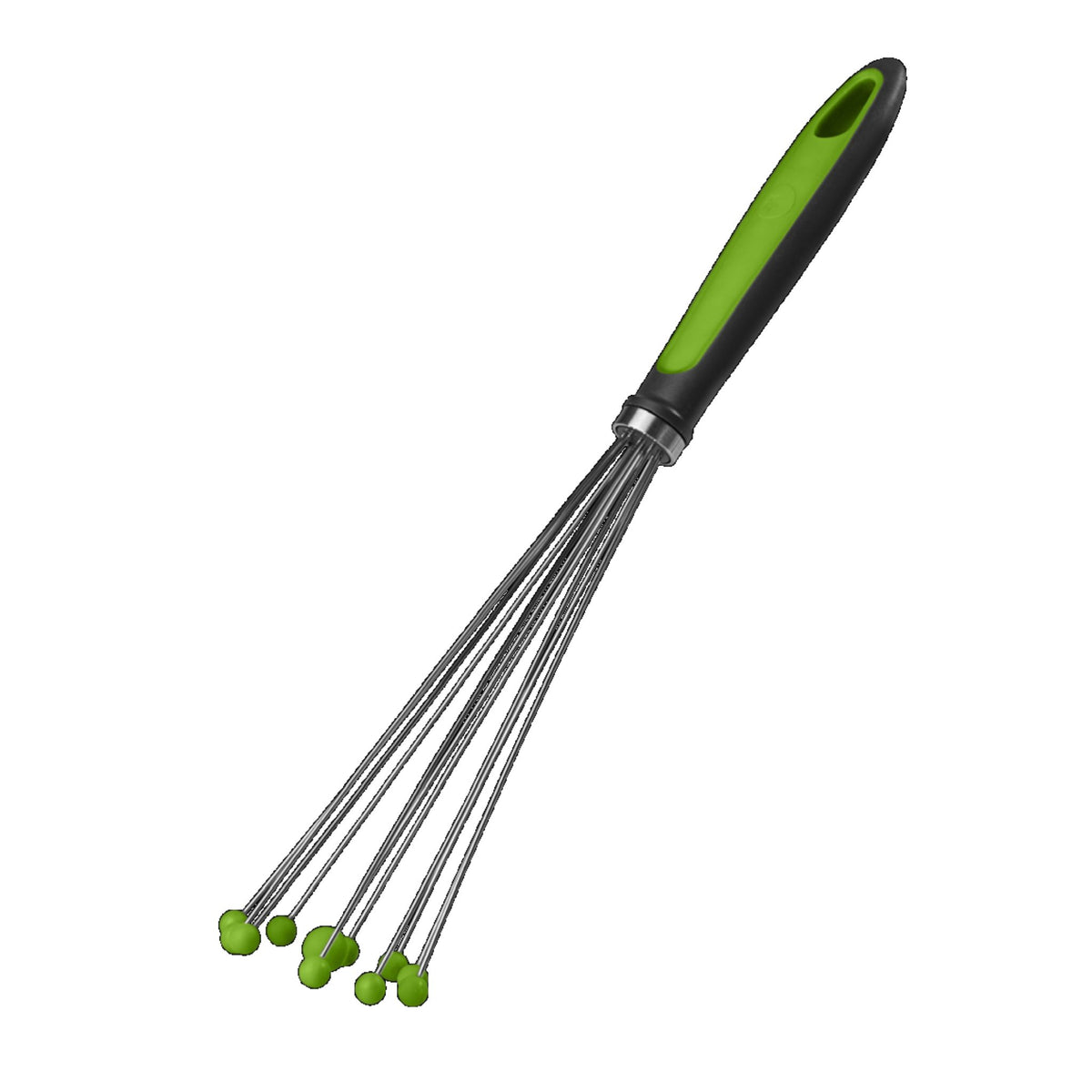 Kugelschneebesen mit flexiblem schwarzen Griff und limettengrünen Silikonkugeln am Drahtende.