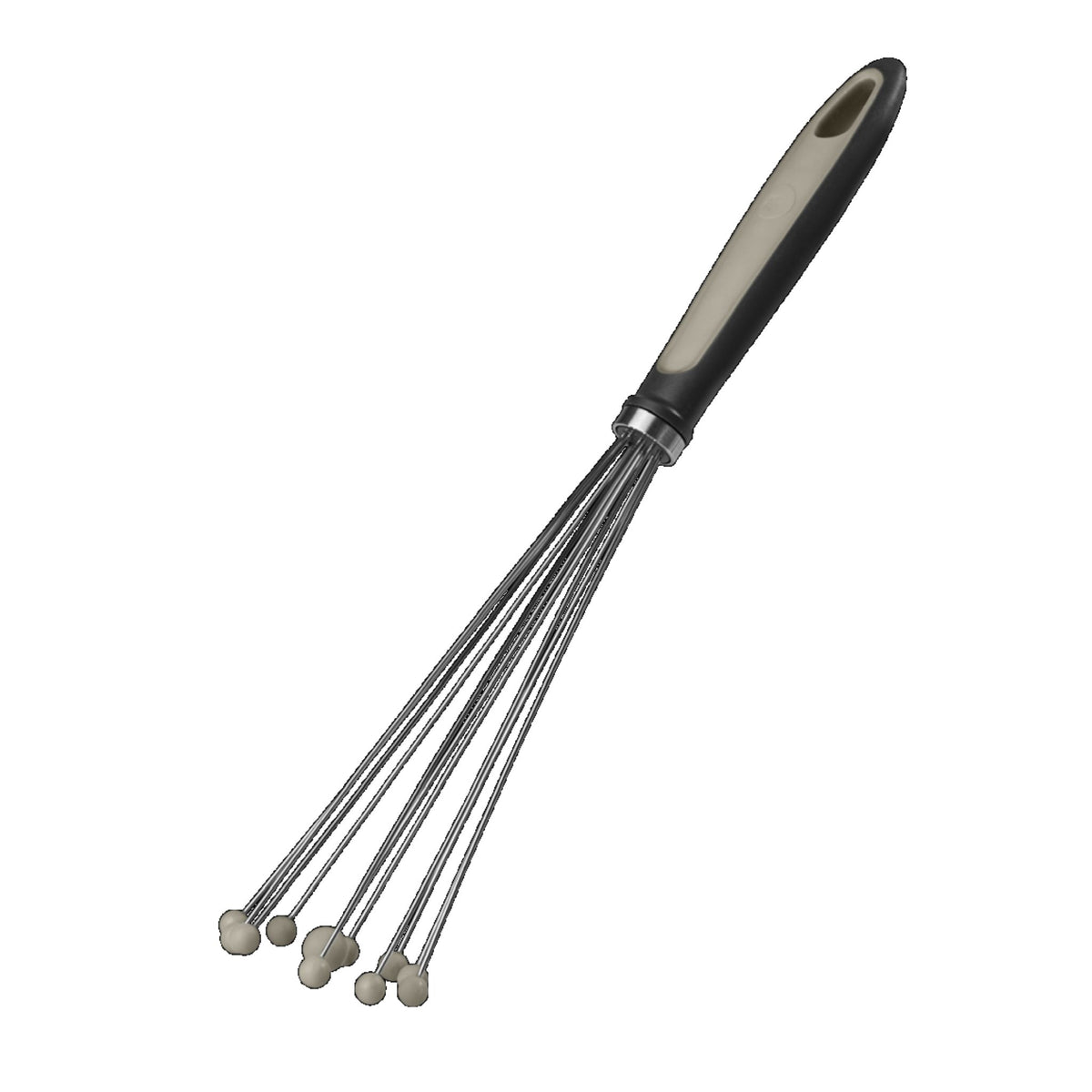Kugelschneebesen mit schwarzen Griff und Edelstahl Drähten, Enden mit kleinen Kugeln ausgestattet.