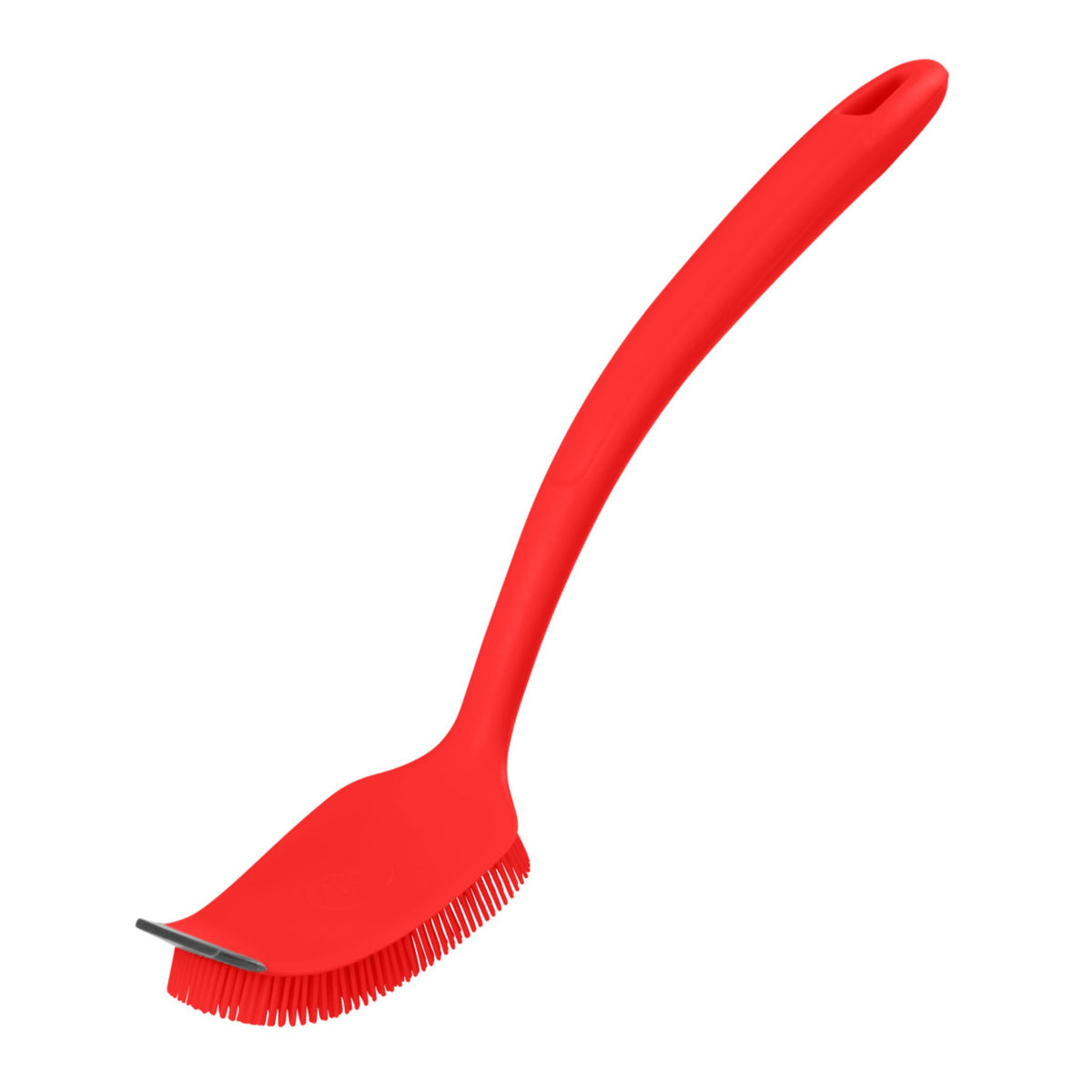 Rote Spülbürste mit Griff, flexiblen Borsten und Metallkante zum Schrubben.