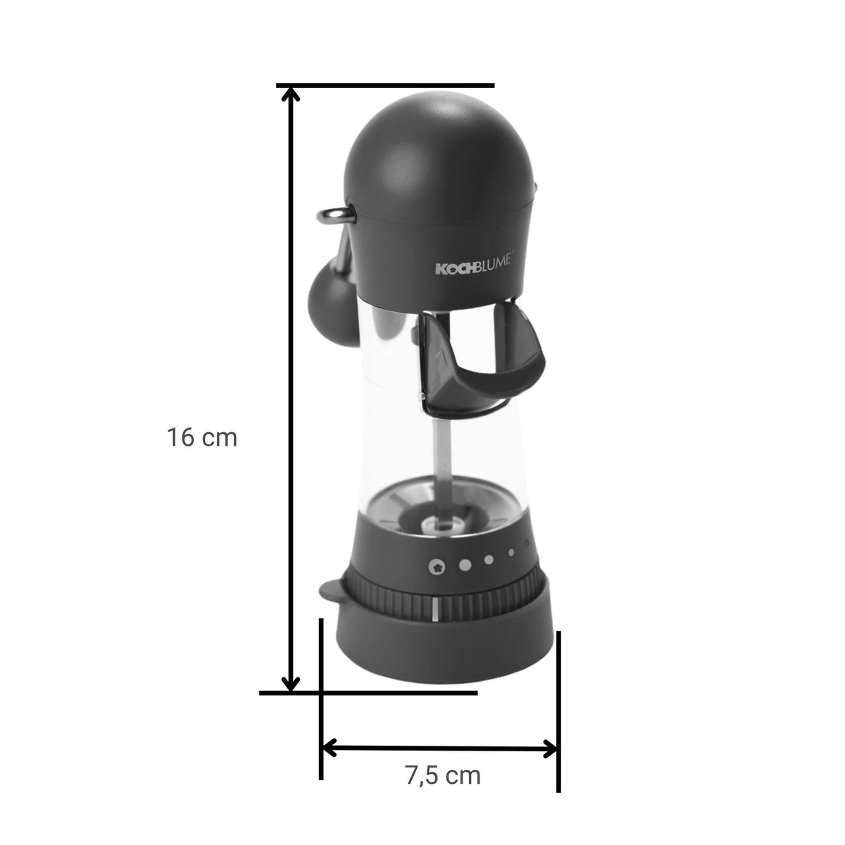 Anthrazitfarbene Gewürzmühle mit transparentem Behälter und schwarzen Bedienelementen, 16 cm hoch.