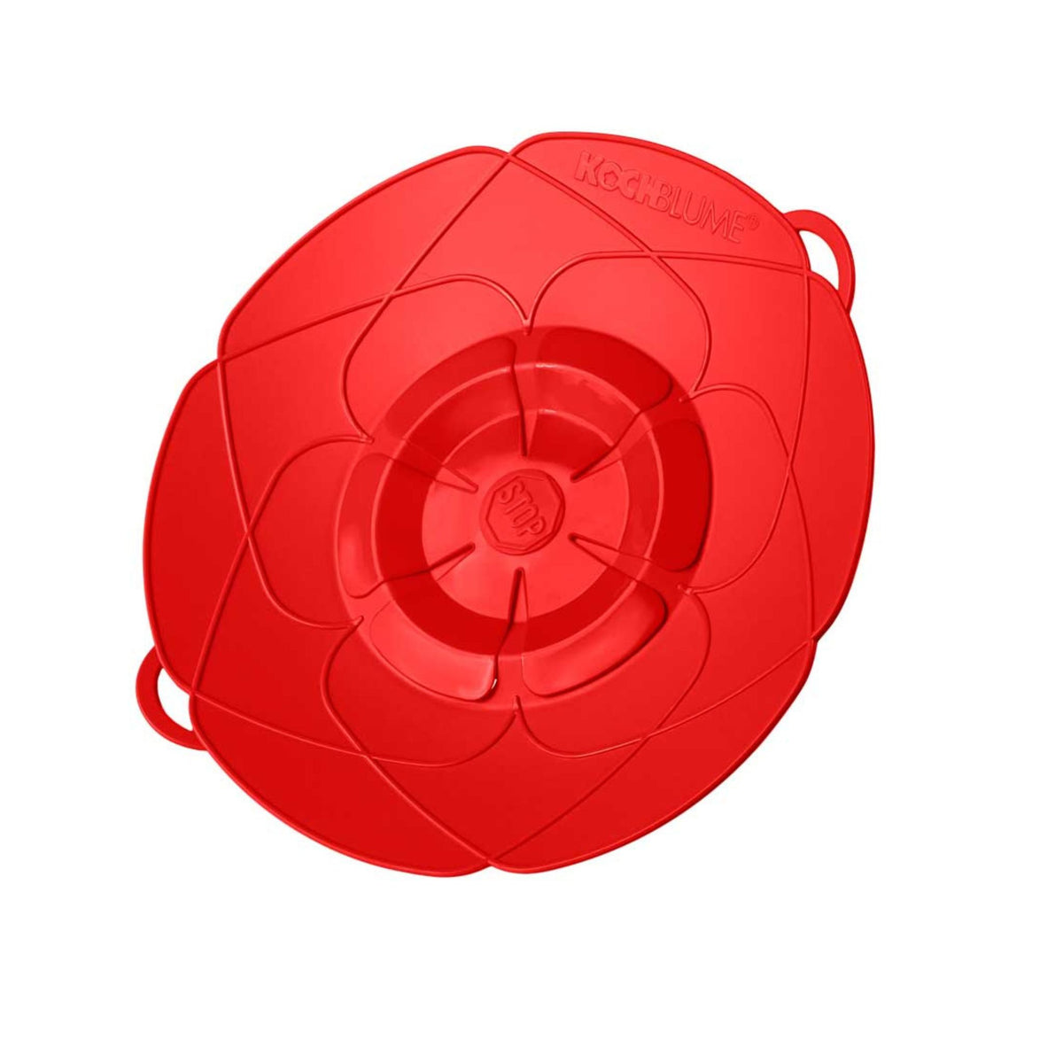 Runde rote Kochblume aus flexiblem Silikon mit Blütenform und Griffen.
