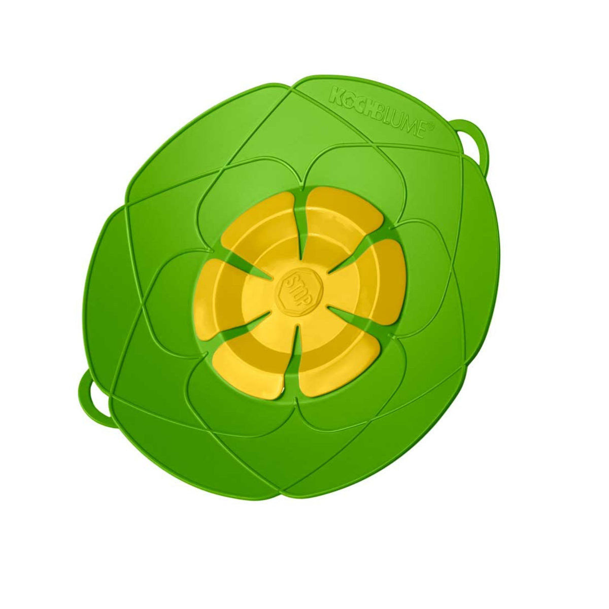 Grüne flexible Kochblume Silikon-Abdeckung mit gelbem Mittelteil und Blütenform.