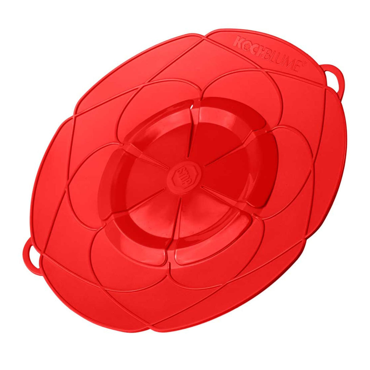 Rotes elastisches Silikon-Deckel mit Blumenmuster und Griffen an den Seiten.