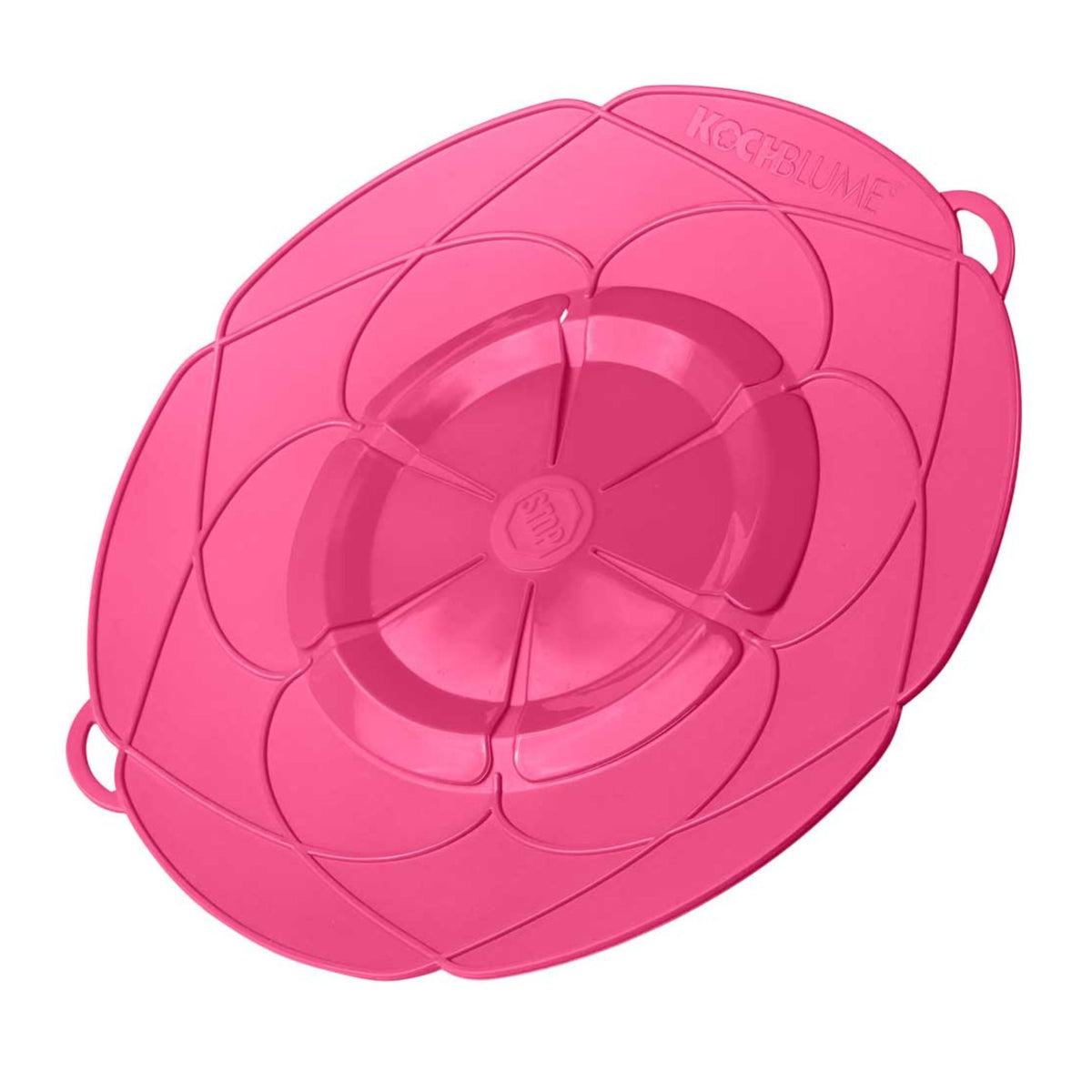 Rosa Silikonabdeckung in Blumenform mit Griffen und flexibler Oberfläche.