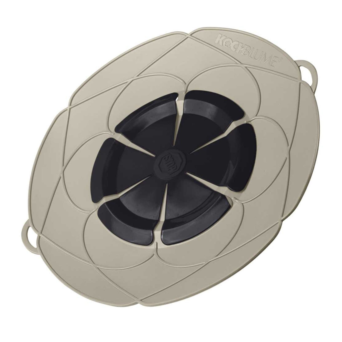 Kochblume XL Topfdeckel in Taupe mit flexiblem Silikon und blumenförmigem Design.
