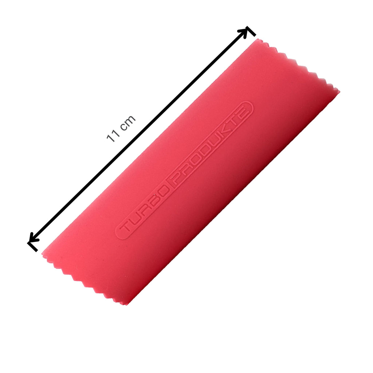 Rosa Knoblauchschäler aus flexiblem Silikon mit gezackten Enden und 11 cm Länge.