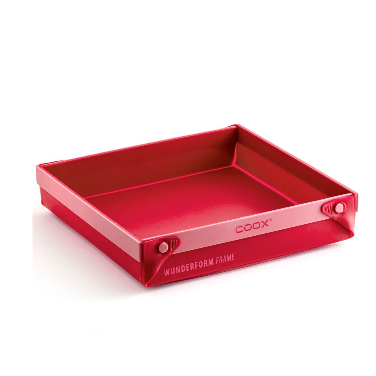 Rote quadratische Pfanne mit hohem Rand und zwei Griffen von Coox.