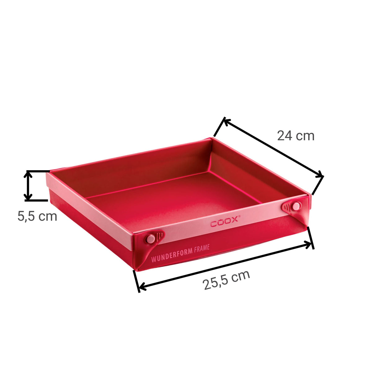 Rote quadratische Pfanne aus Metall mit 25,5 cm Breite und 5,5 cm Höhe.