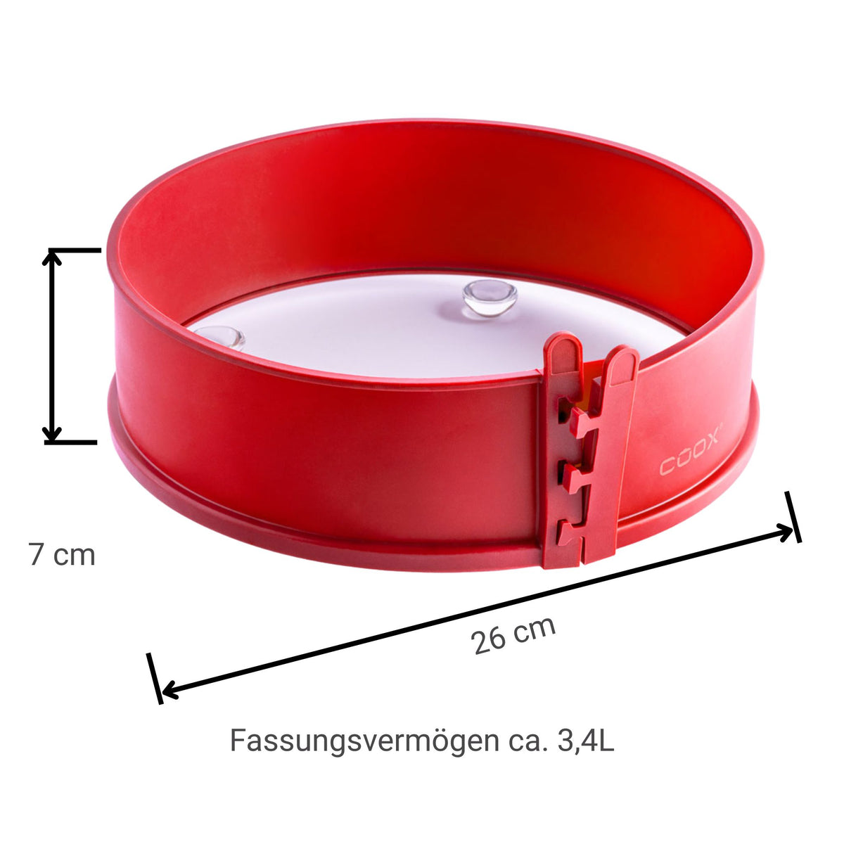 Rote Springform aus Metall mit 26 cm Durchmesser und 7 cm Höhe, Fassungsvermögen 3,4 Liter.