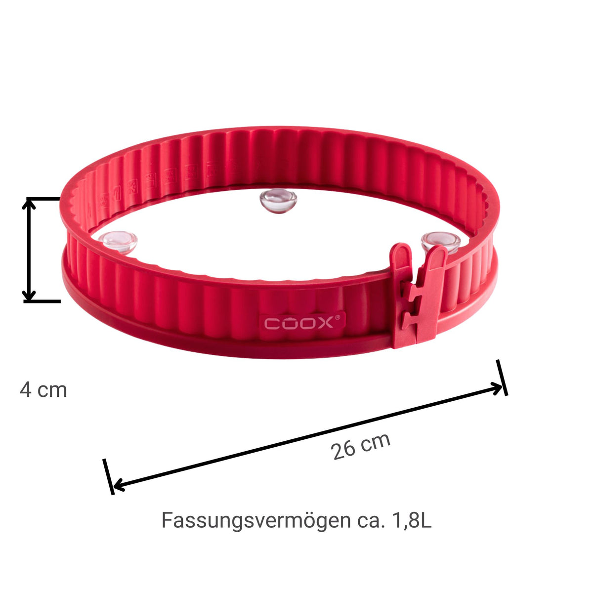 Rote Quicheform aus Silikon mit 26 cm Durchmesser und 4 cm Höhe, verstellbarer Rand.