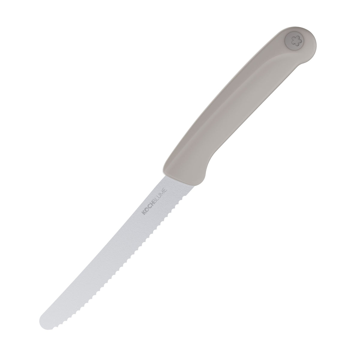 Frühstücksmesser mit gezahnter Klinge und taupefarbenem Kunststoffgriff.