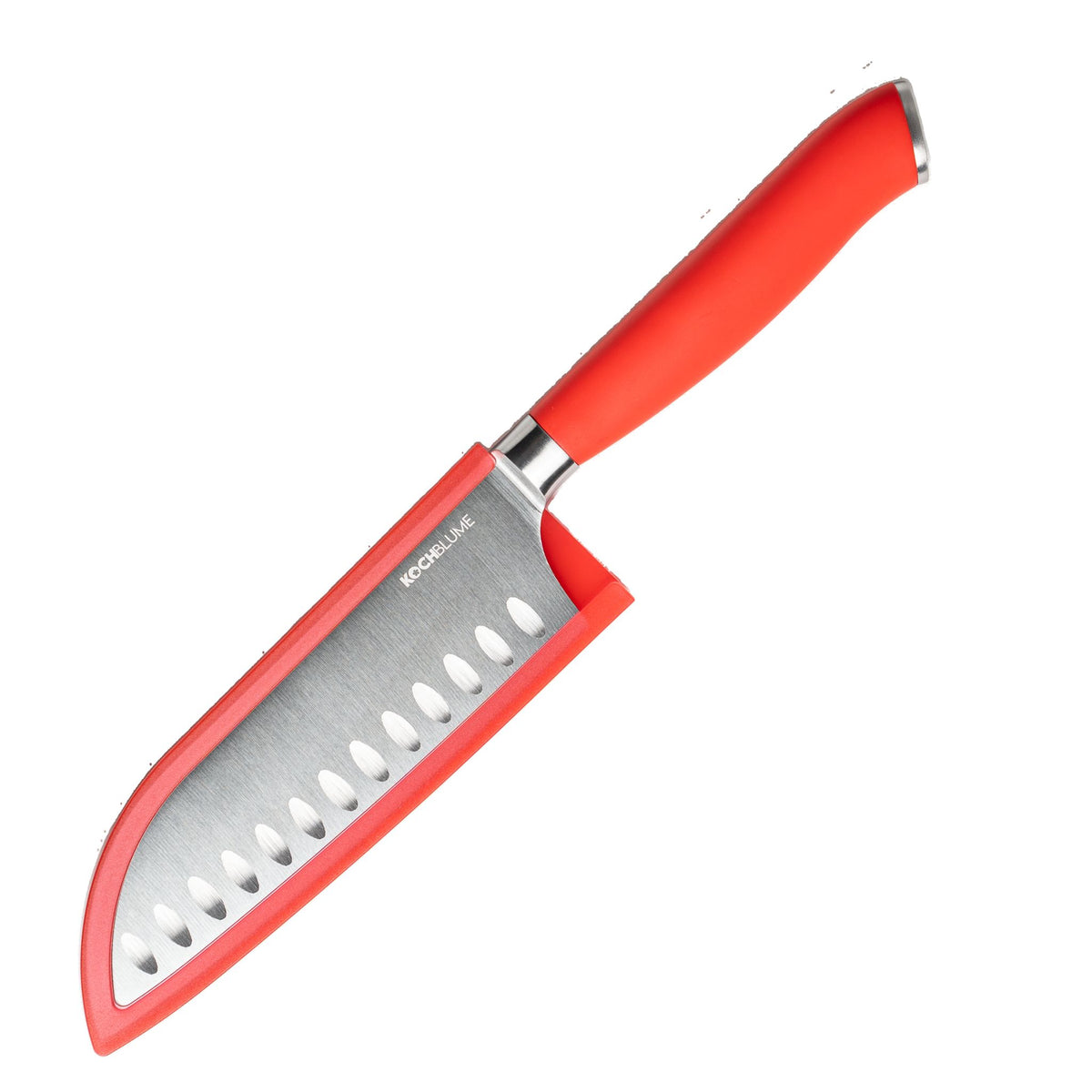 Santokumesser mit rotem ergonomischem Griff und Kullenschliff auf der Klinge.