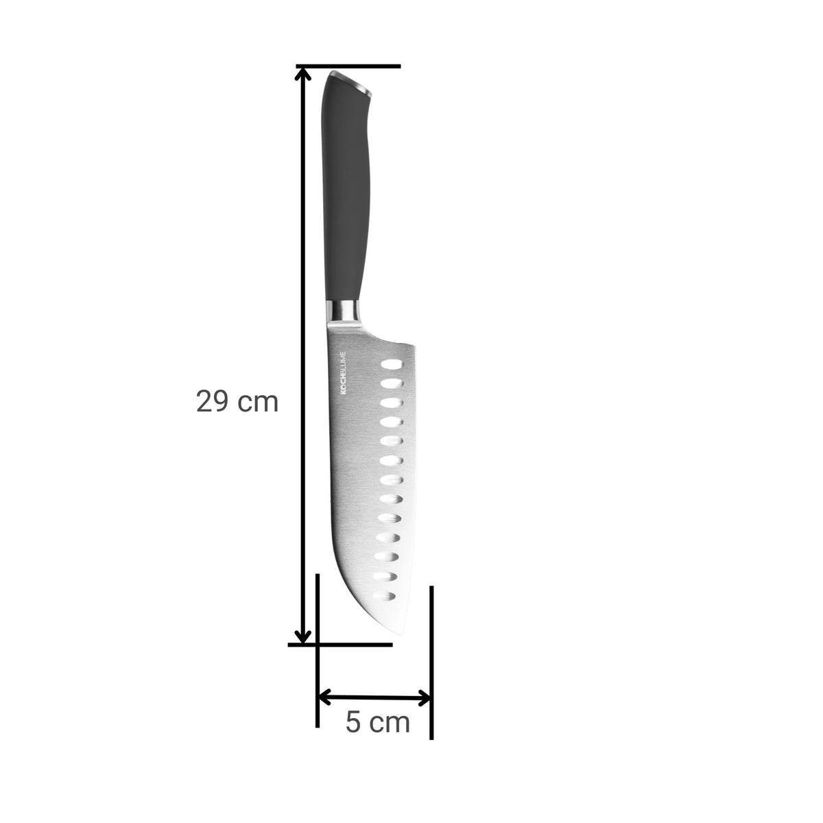 Santokumesser mit schwarzem Griff und gelochter Klinge, 29 cm lang, 5 cm breit.