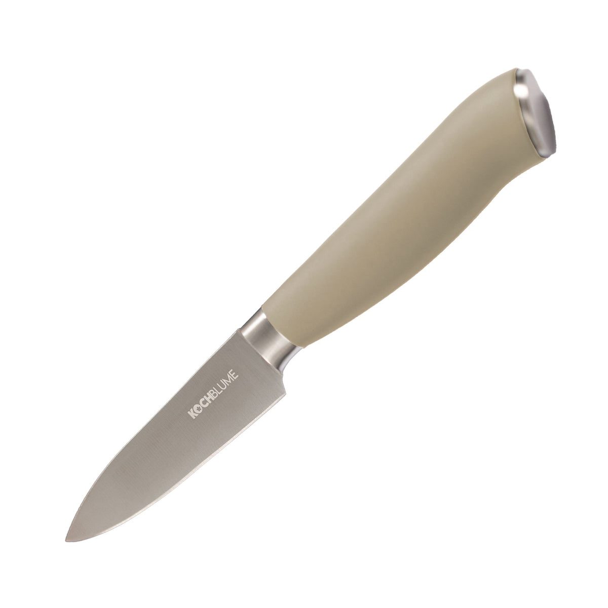 Gemüsemesser mit taupefarbenem Griff und Edelstahlklinge mit spitz zulaufendem Ende.