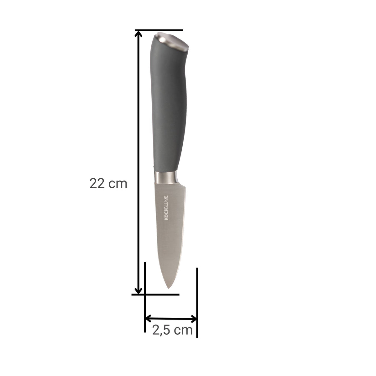 Gemüsemesser mit anthrazitfarbenem ergonomischem Griff und schmaler Edelstahlklinge, 22 cm lang.