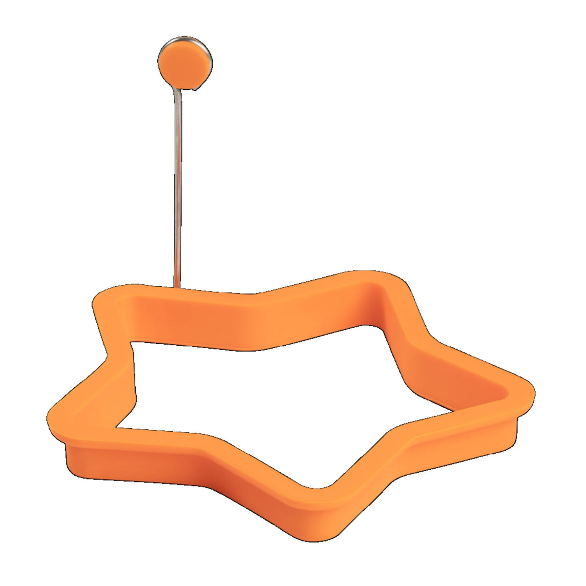 Orangener Stern-Eierformer aus Kunststoff mit Metallgriff.