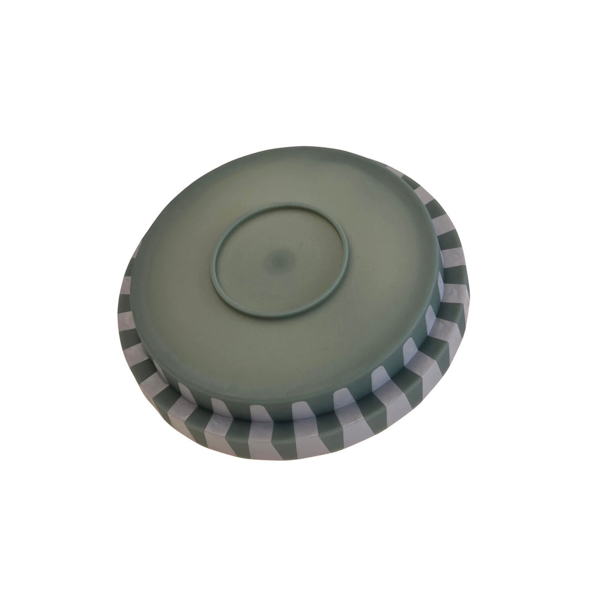 Runder kleiner Deckel in Olive mit grauem Randmuster aus Kunststoff.
